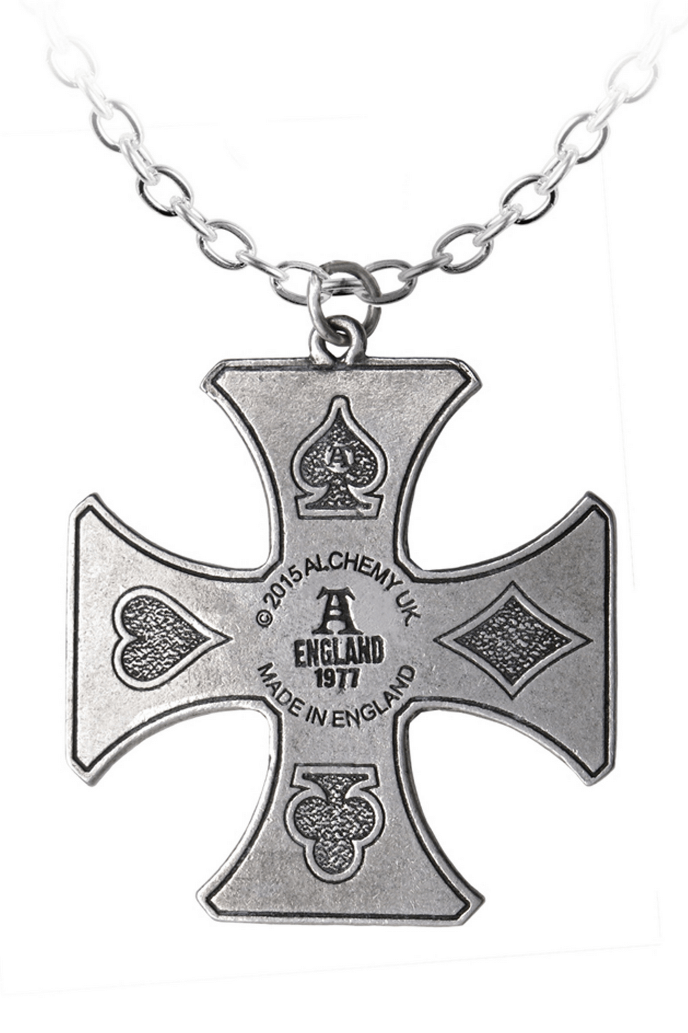 Gothic Cross Pendant with Crown and Card Suit Motifs featuring spade, heart, and diamond symbols in polished pewter.