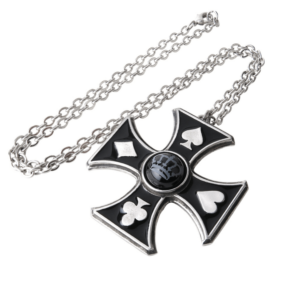 Gothic Cross Pendant with Crown and Card Suit Motifs featuring spade and club symbols on a chain.