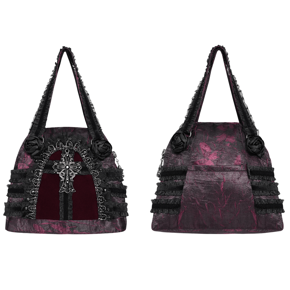 Gothic Cross Velvet Handbag with Ruffle Trim Details showcasing black and burgundy colors with ornate cross and floral rosettes.