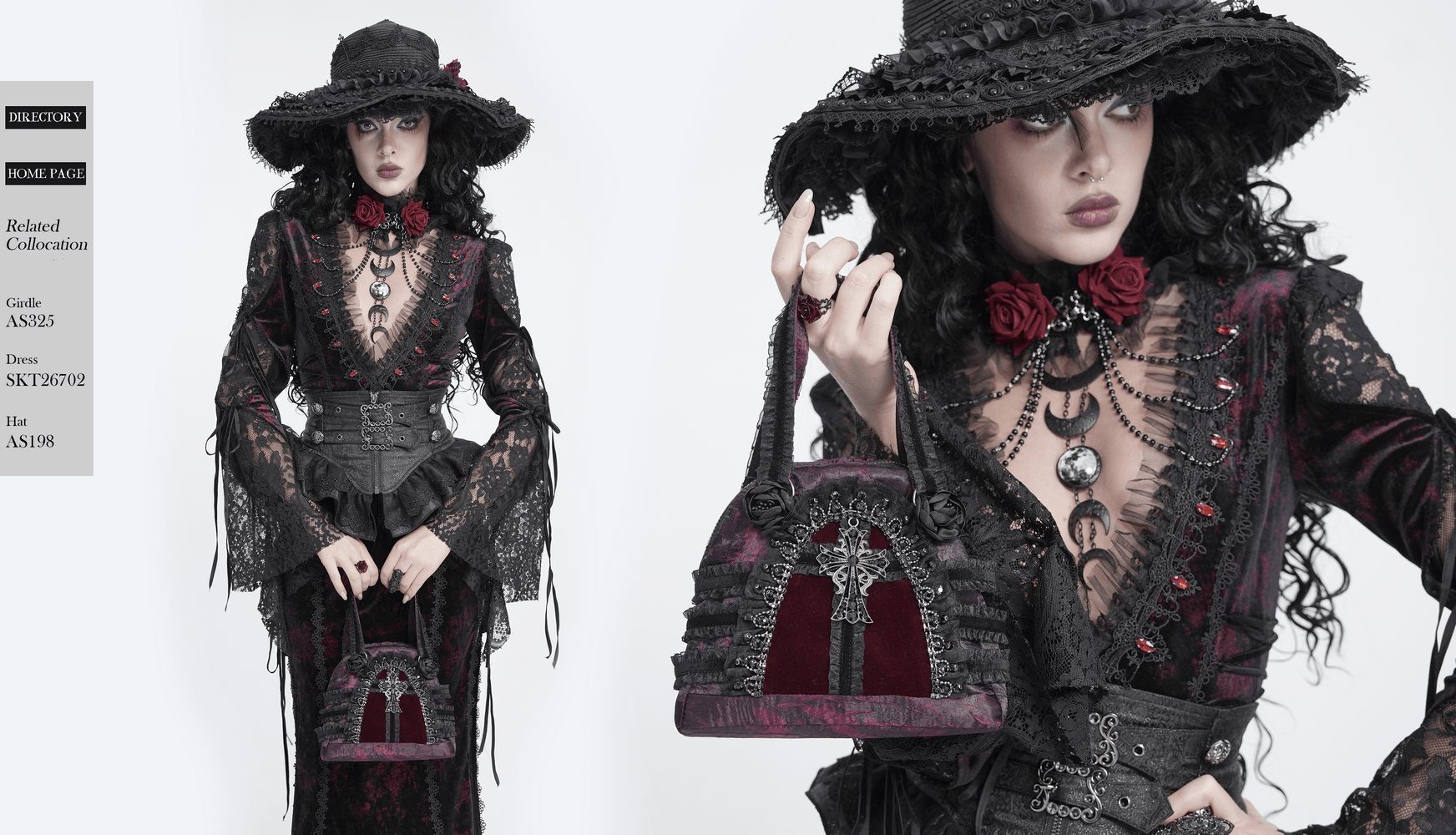 Gothic Cross Velvet Handbag with Ruffle Trim Details held by a model in a dramatic Victorian outfit.