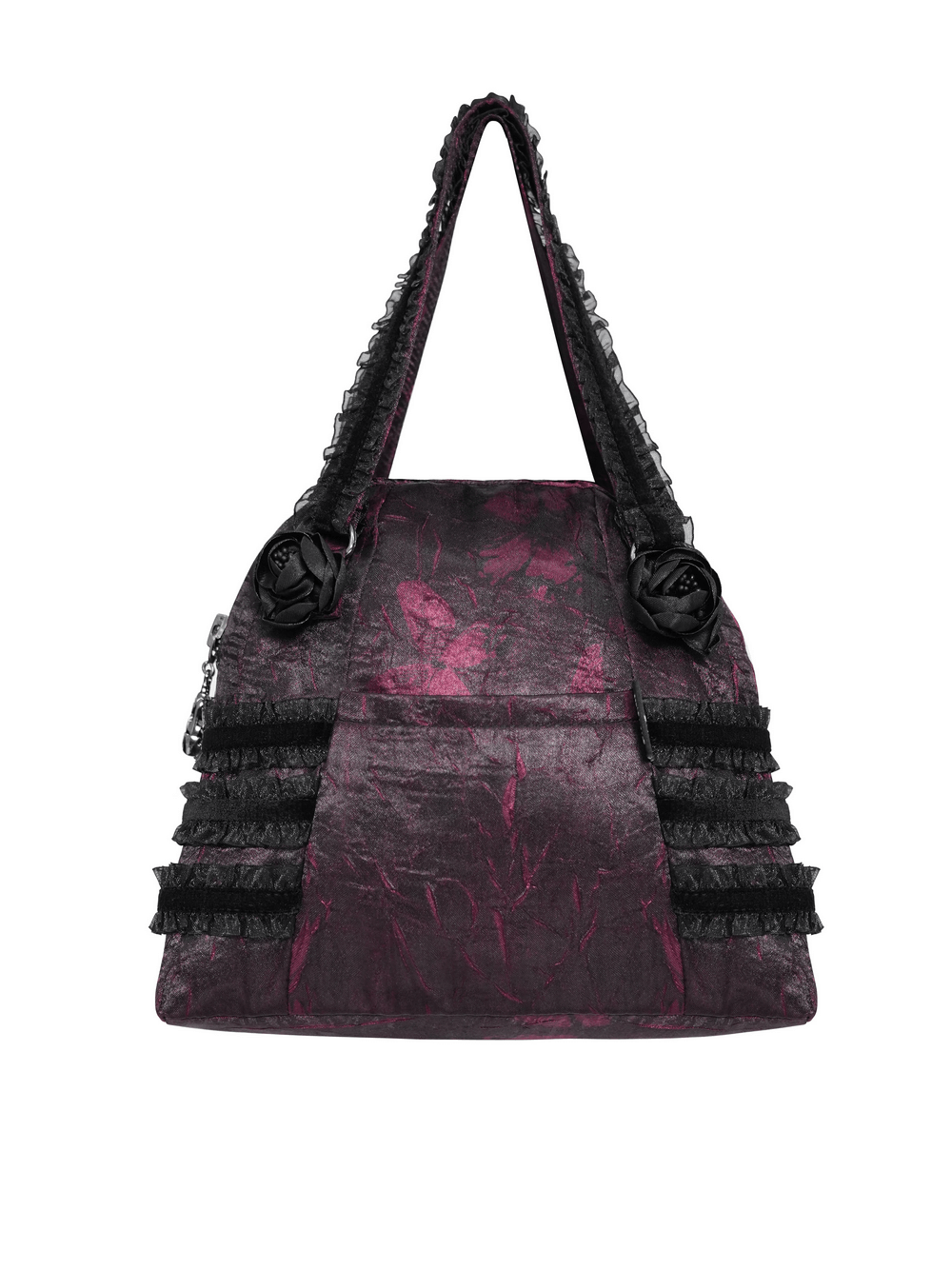 Gothic Cross Velvet Handbag with Ruffle Trim Details showcasing black and burgundy velvet with lace trim and floral rosettes.