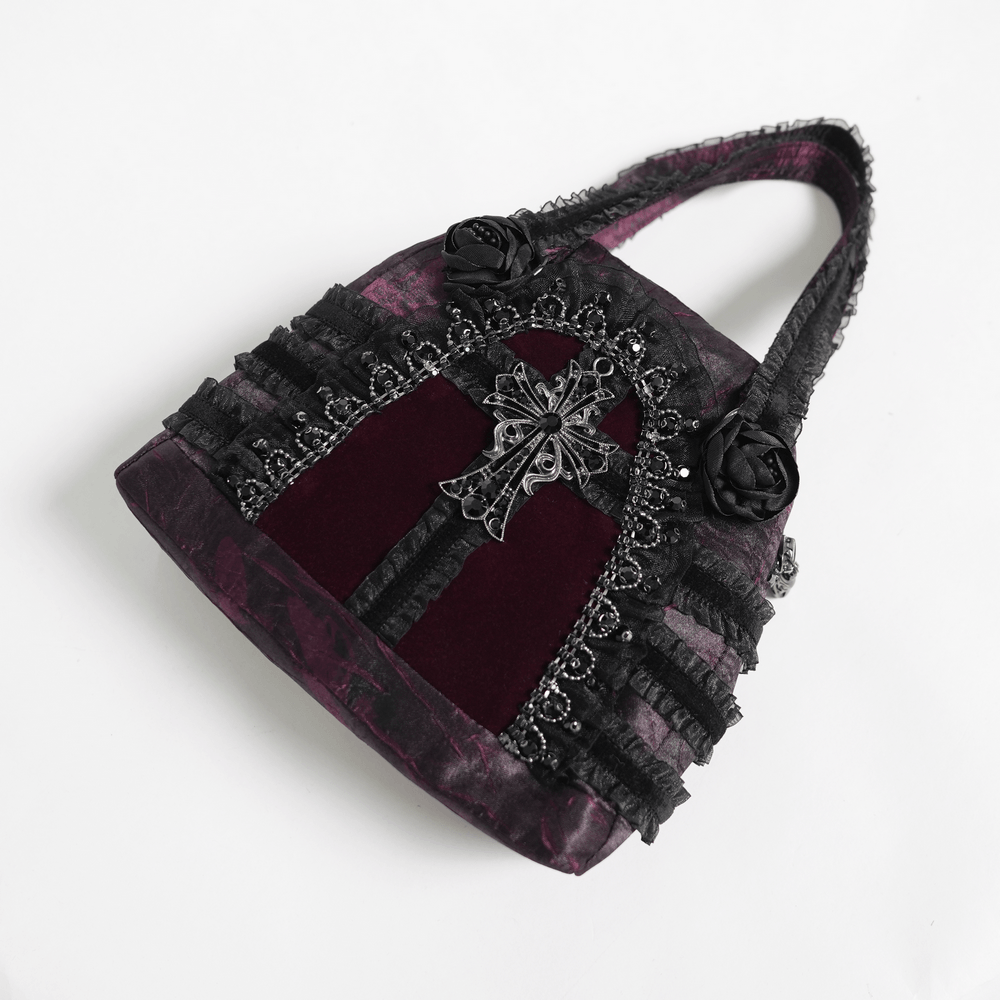 Gothic Cross Velvet Handbag with Ruffle Trim Details featuring a layered ruffle design and ornate cross charm.
