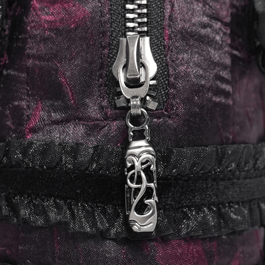 Gothic Cross Velvet Handbag with Ruffle Trim Details zipper with ornate charm accent