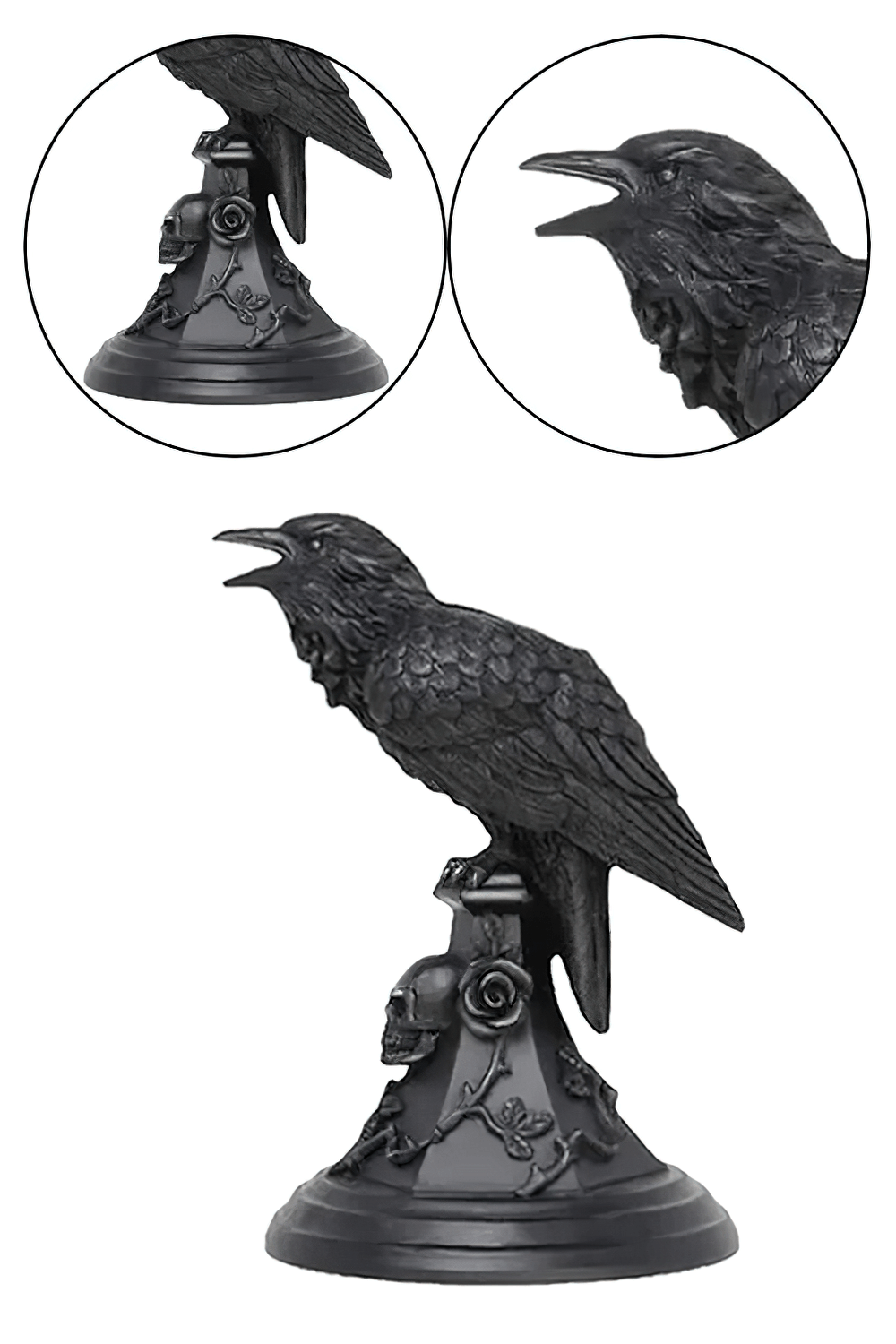 Gothic crow candle holder with skull base, perfect for dark-themed home decor and Halloween decoration.