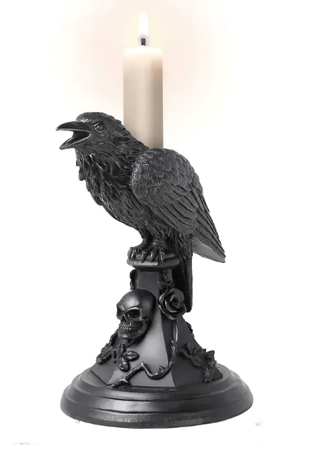 Gothic crow candle holder with skull base, perfect for dark-themed home decor and Halloween.