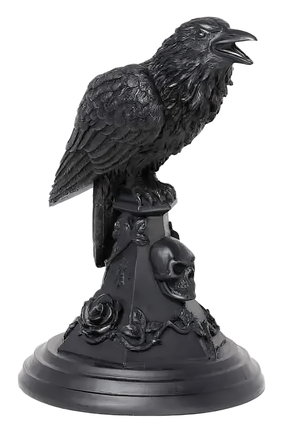 Gothic crow candle holder with intricate skull and rose base for dark-themed home decor.