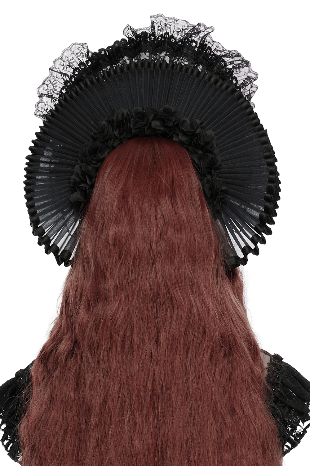 Gothic Crow Skull Fan Headdress with Black Roses, dramatic black lace halo with roses for dark mourning style