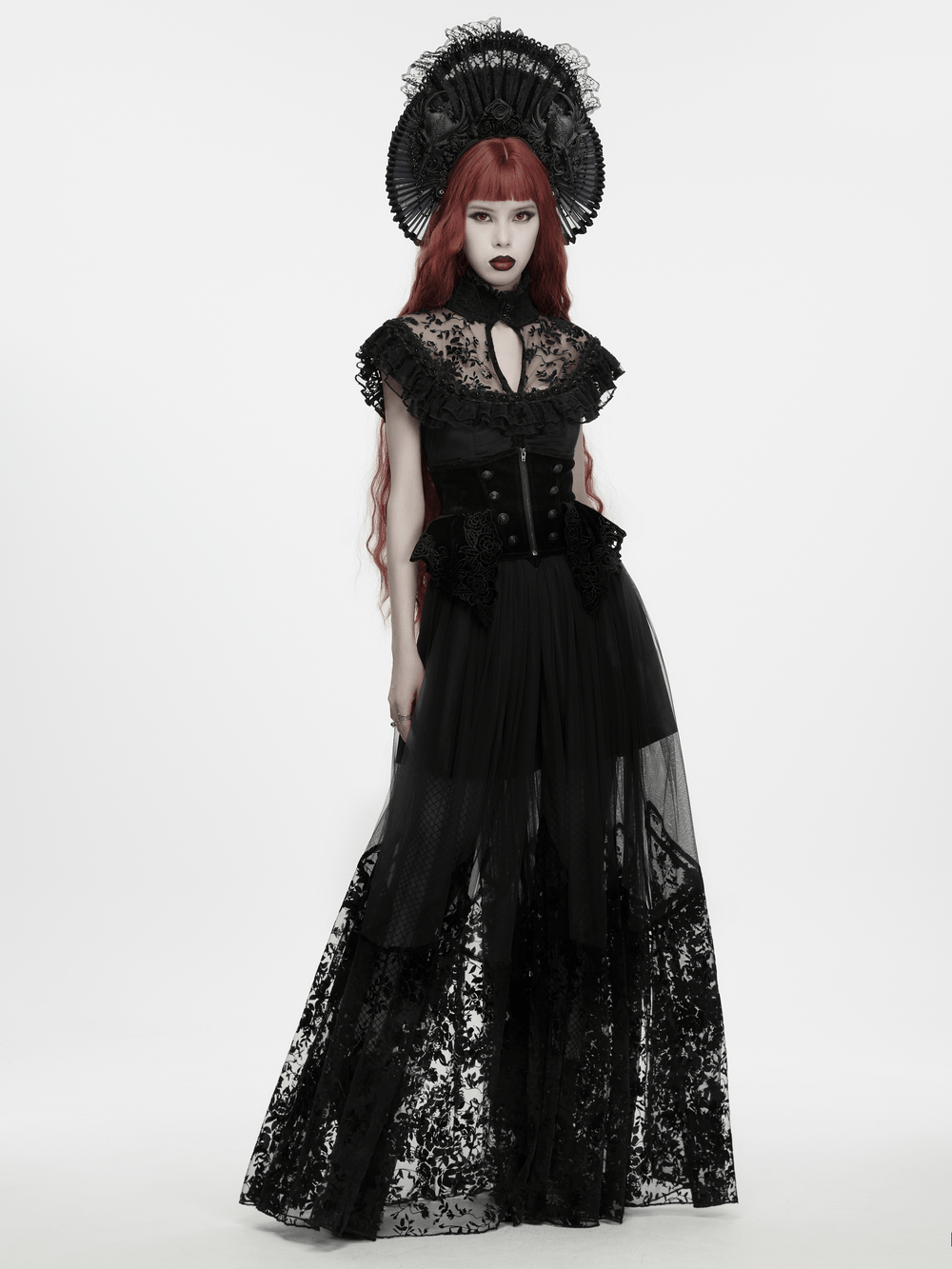Gothic Crow Skull Fan Headdress with Black Roses, dramatic black lace headpiece with feathers and crow skull accents