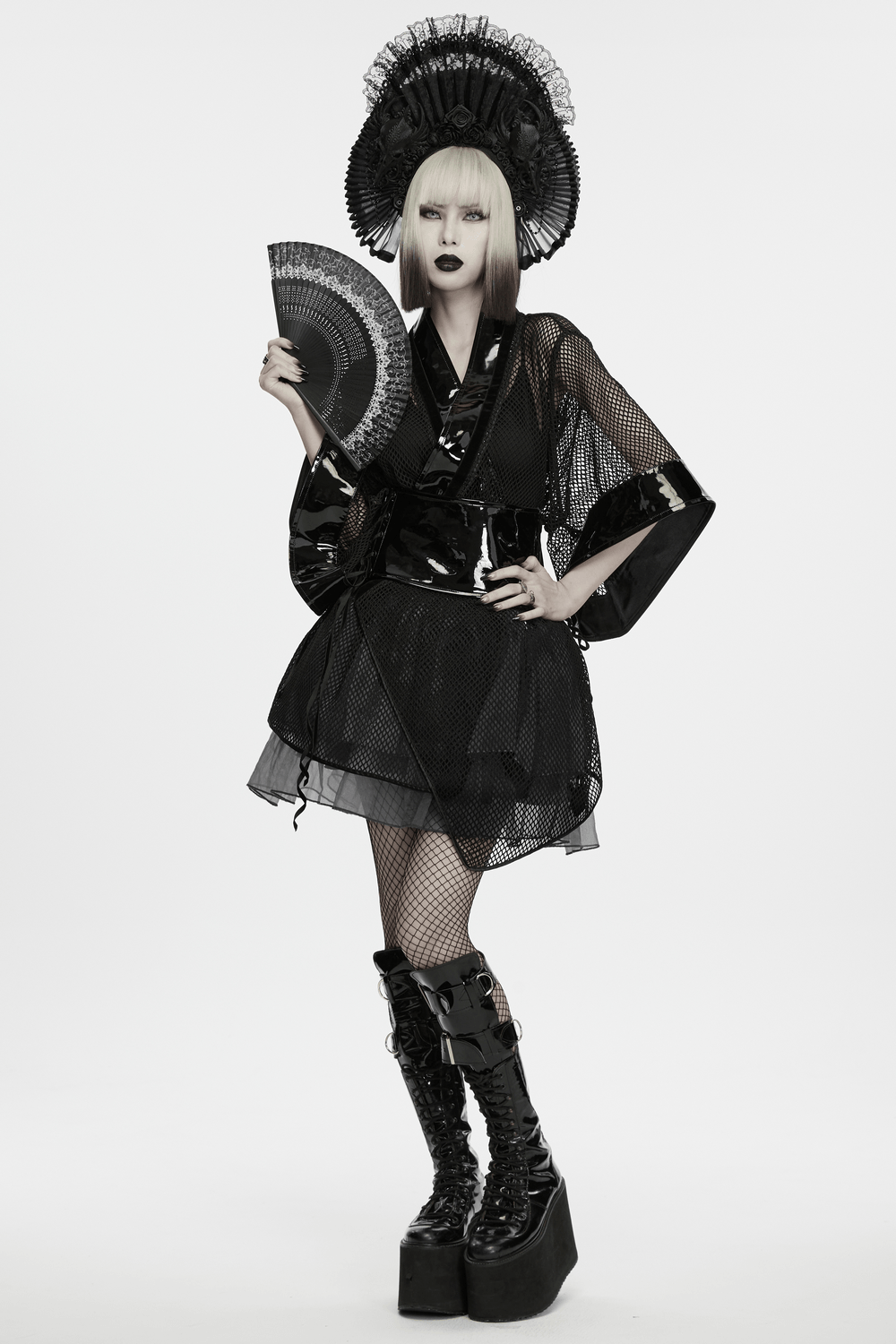 Gothic Crow Skull Fan Headdress with Black Roses, dramatic black lace gothic fan headpiece with feathers and a fan prop