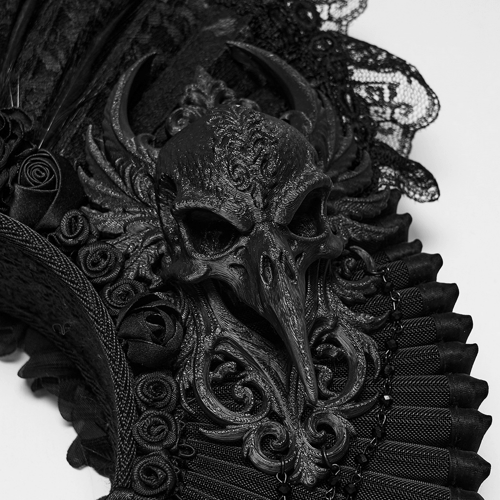 Gothic Crow Skull Fan Headdress with Black Roses, lace, feathers, and dark mourning drama