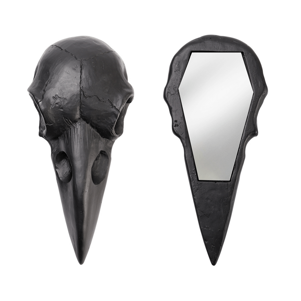 Gothic crow skull shaped wall mirror in sleek black finish for dark decor.