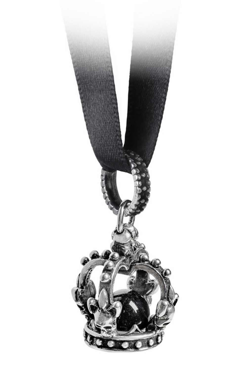 Gothic Crown Pendant with Black Crystal and Skulls, featuring a pewter crown and black ribbon.