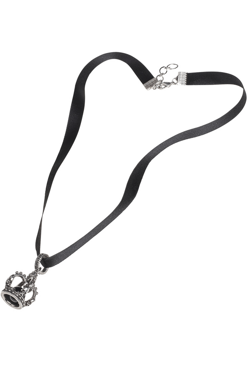 Gothic Crown Pendant with Black Crystal and Skulls hanging from a black ribbon necklace.