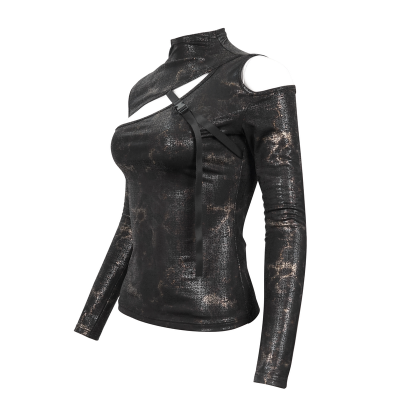 Gothic cutout black slim-fitted top with buckle detail, perfect for alternative fashion lovers.