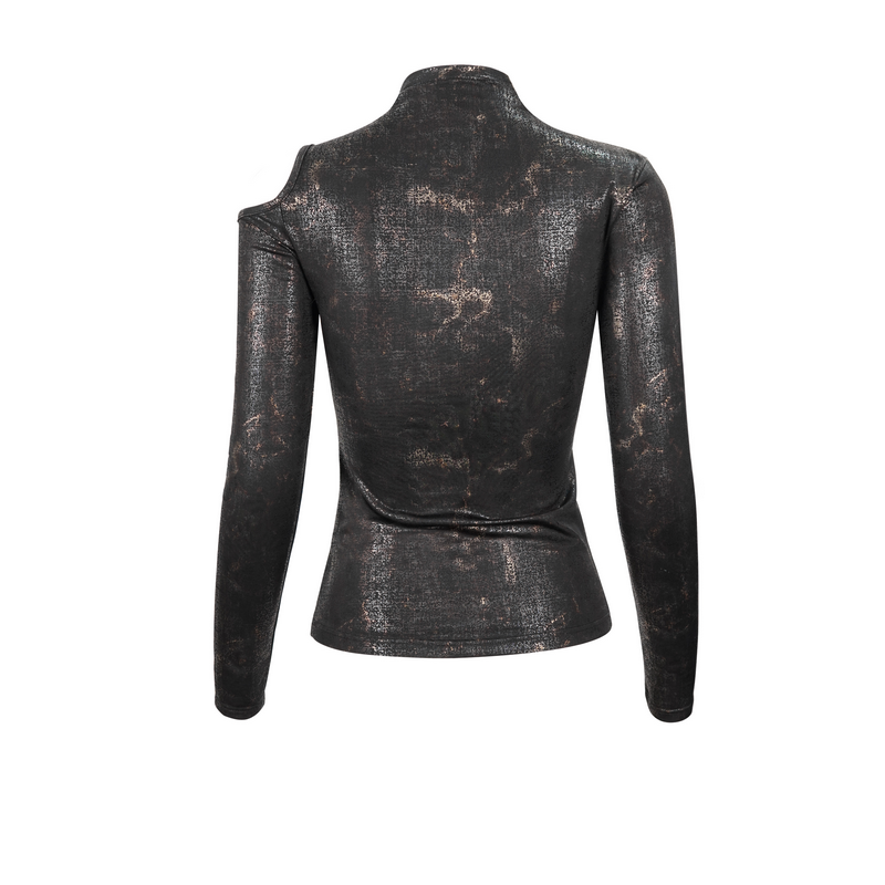 Back view of a women's gothic cutout slim-fitted black top with stylish design and unique texture.