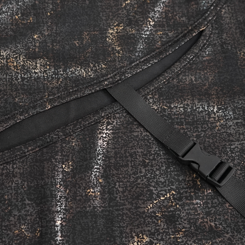 Close-up of stylish buckle detail on Gothic cutout slim-fitted black top for women. Chic and edgy alternative fashion.