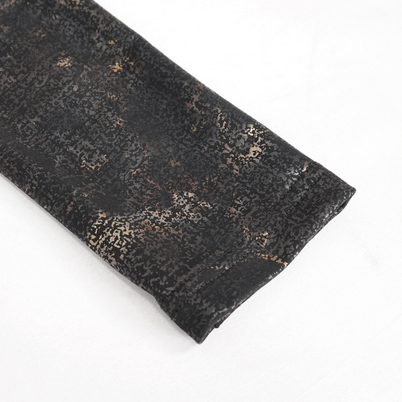 Close-up of a gothic black slim-fitted top showcasing unique cutout and textured fabric details, perfect for alternative style.