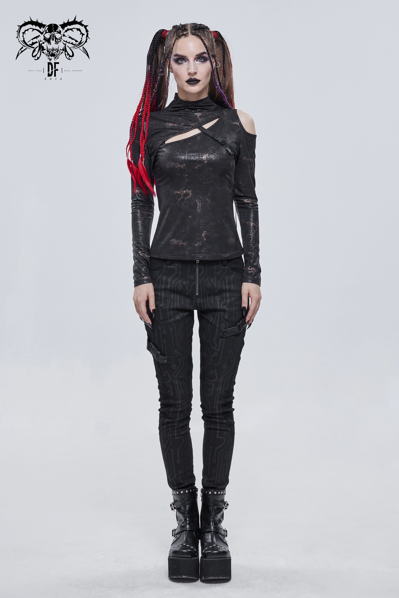 Gothic cutout slim-fitted top for women, showcasing stylish black design with edgy details and dramatic fashion flair.