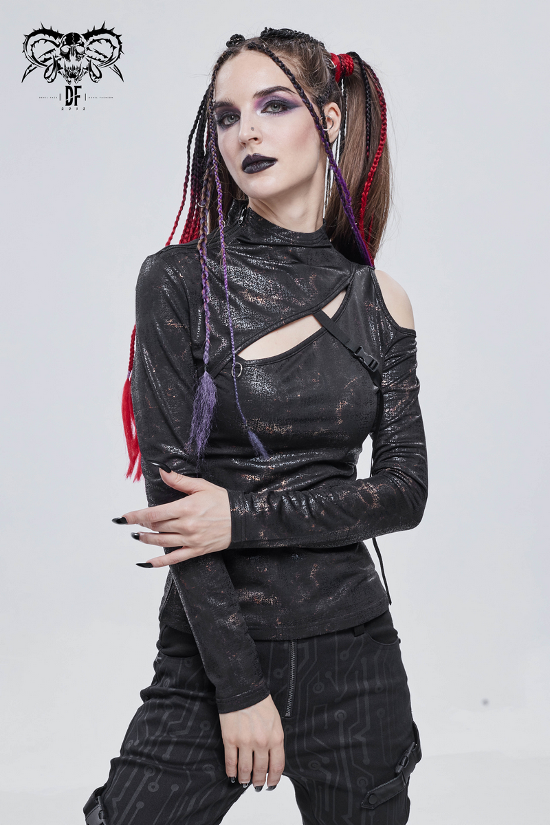 Gothic cutout slim-fitted black top for women, featuring shoulder cutouts and stylish metallic sheen, perfect for alternative outfits.