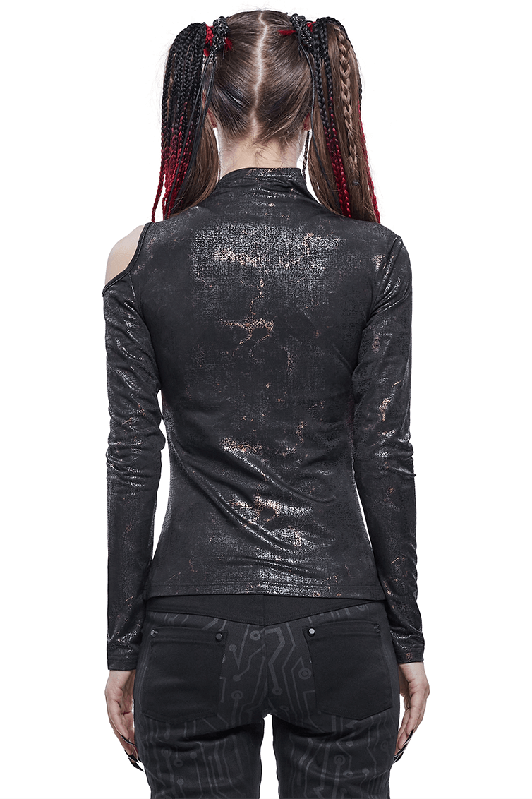 Back view of a slim-fitted black gothic top for women with cutouts, perfect for alternative fashion lovers.