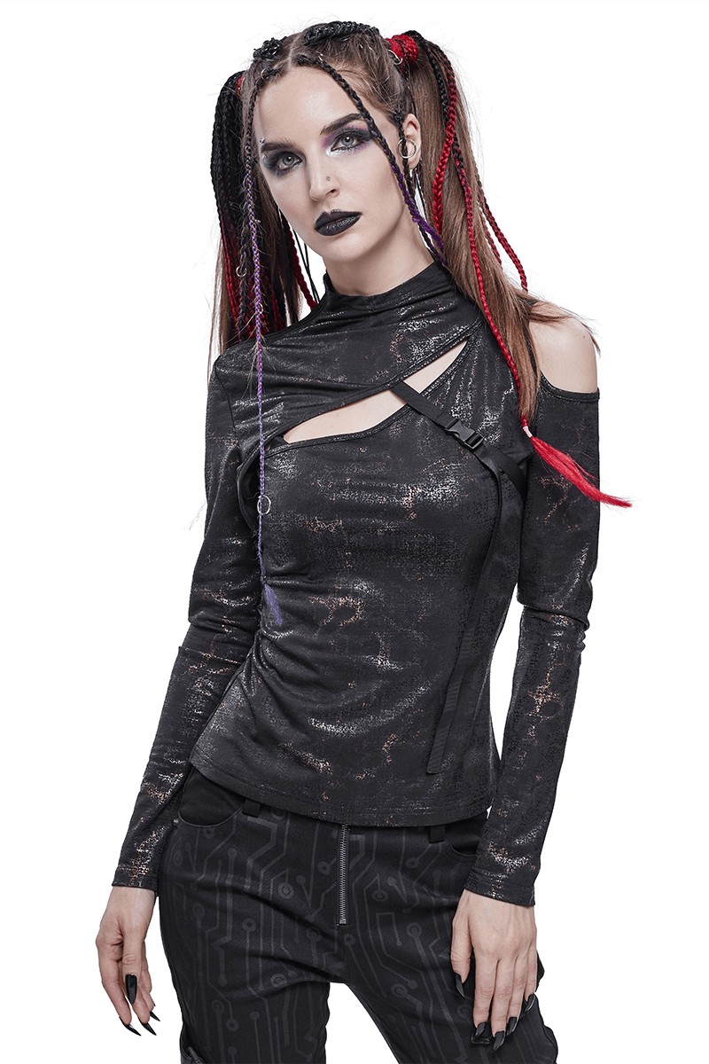 Trendy women's gothic cutout slim-fitted black top with stylish design. Perfect for alternative clothing enthusiasts.