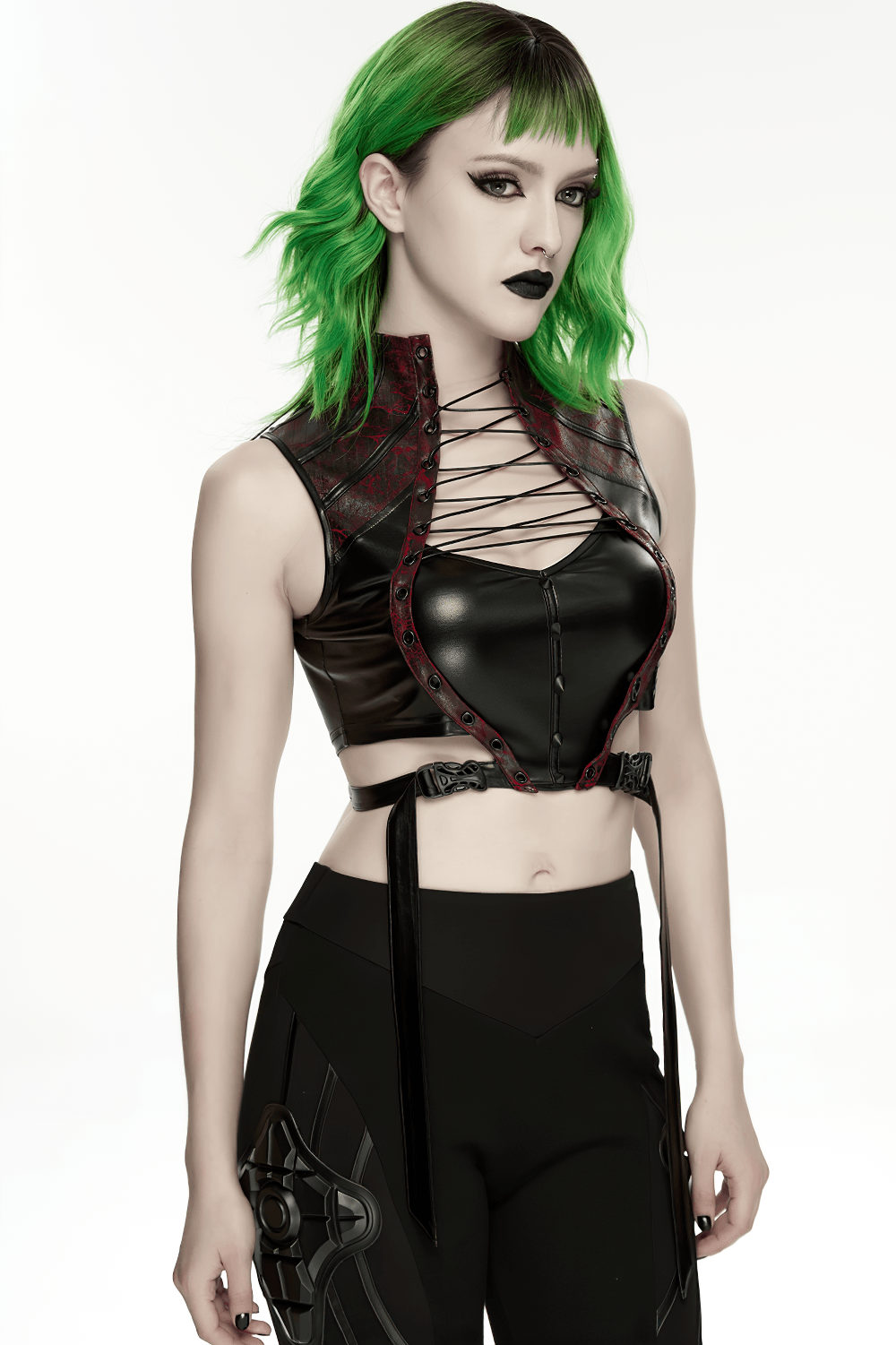 Alt Tag: Gothic Cyberpunk Lace Up Faux Leather Crop Top with high neck lace-up front and adjustable buckle harness, futuristic faux leather look