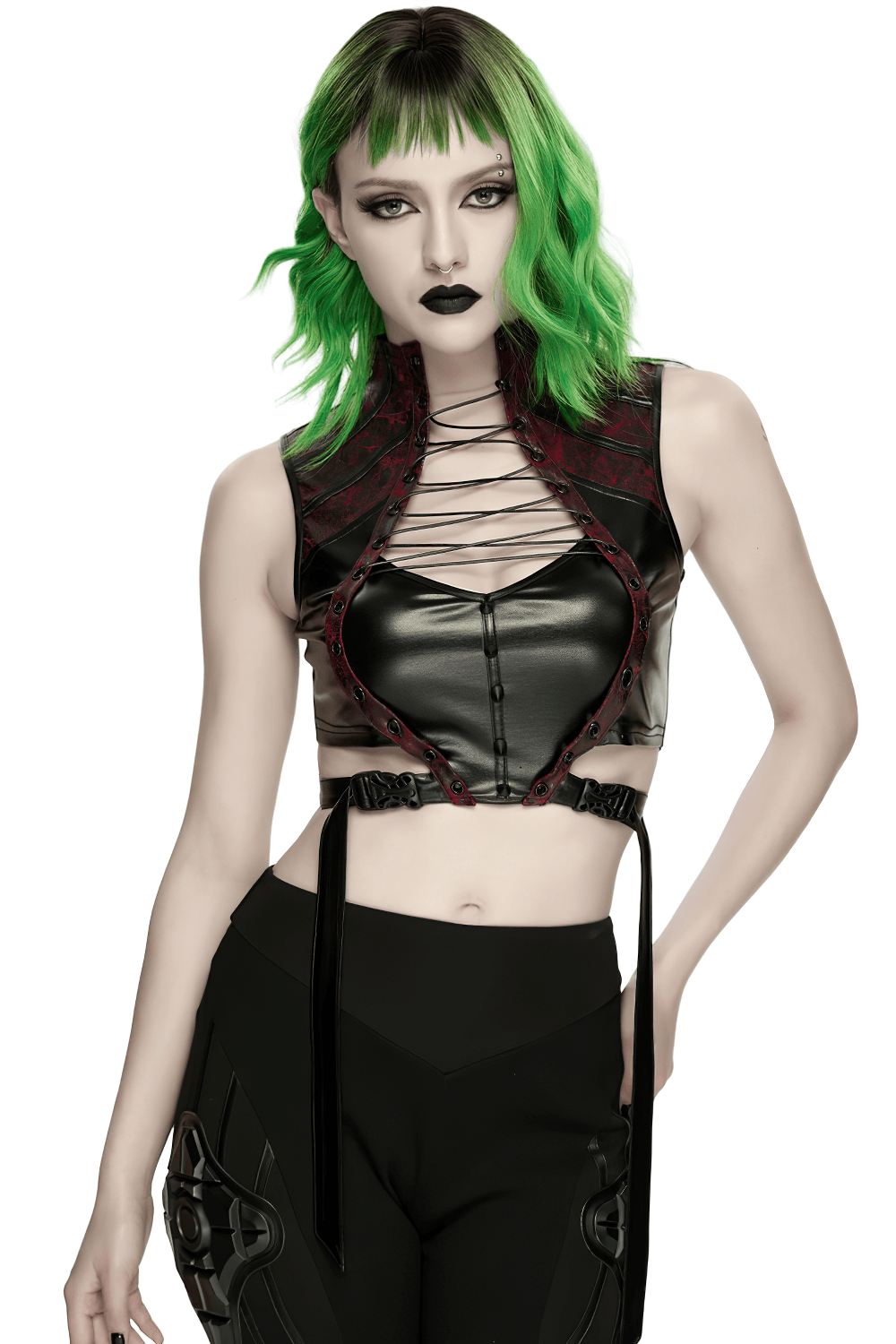 Alt Tag: Gothic Cyberpunk Lace Up Faux Leather Crop Top with high neck lace-up front and adjustable buckle harness, futuristic faux leather crop top