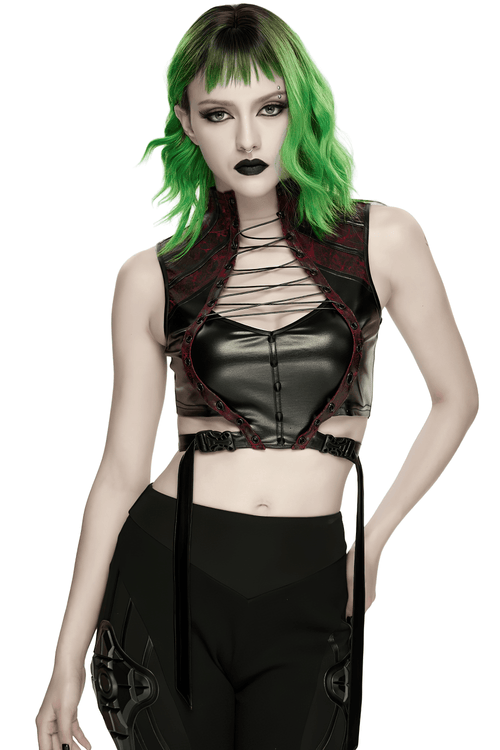 Haut Court en Similicuir à Lacets Style Cyberpunk Gothique