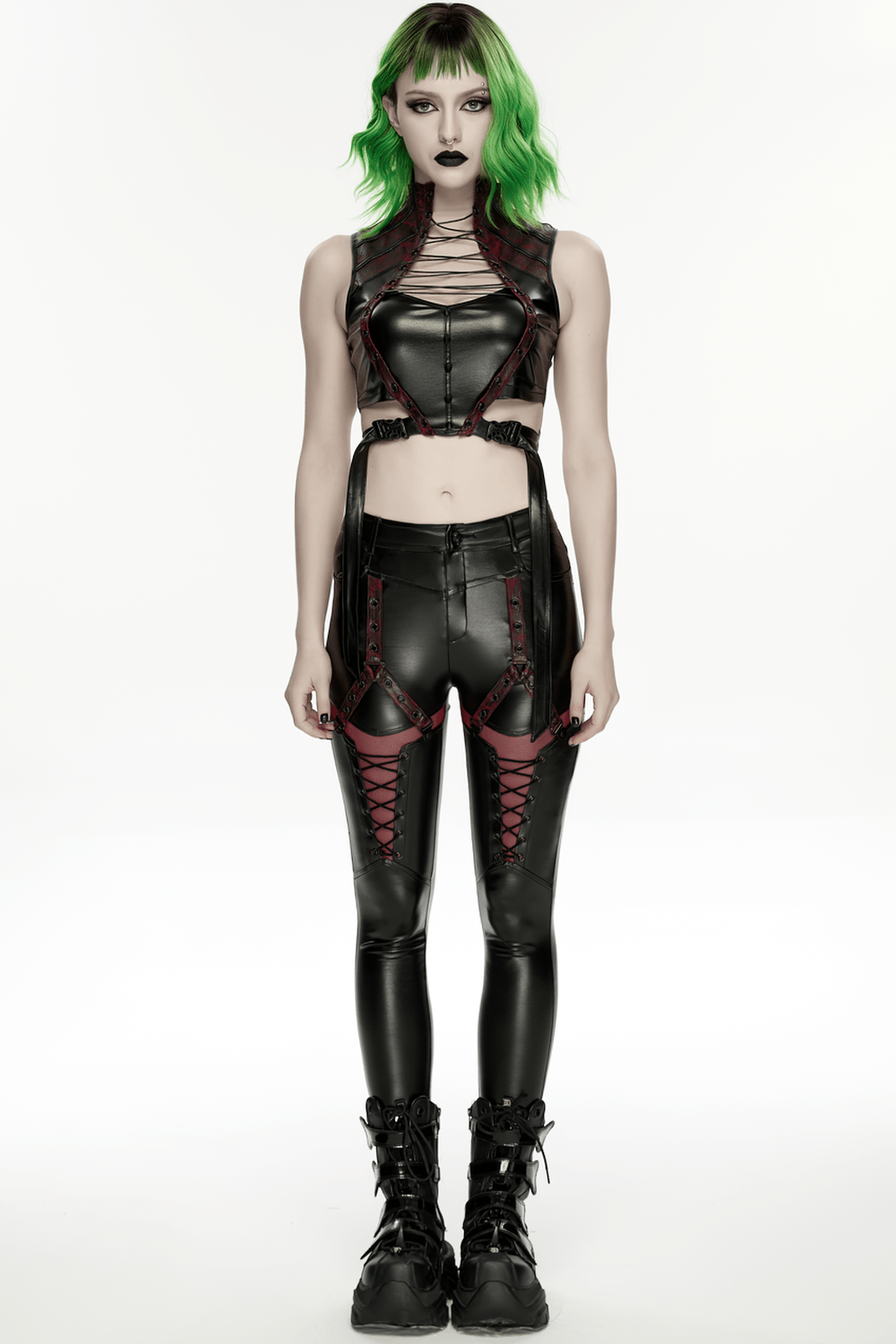 Alt Tag: Gothic Cyberpunk Lace Up Faux Leather Crop Top with high neck lace-up front and buckle harness, styled with faux leather pants