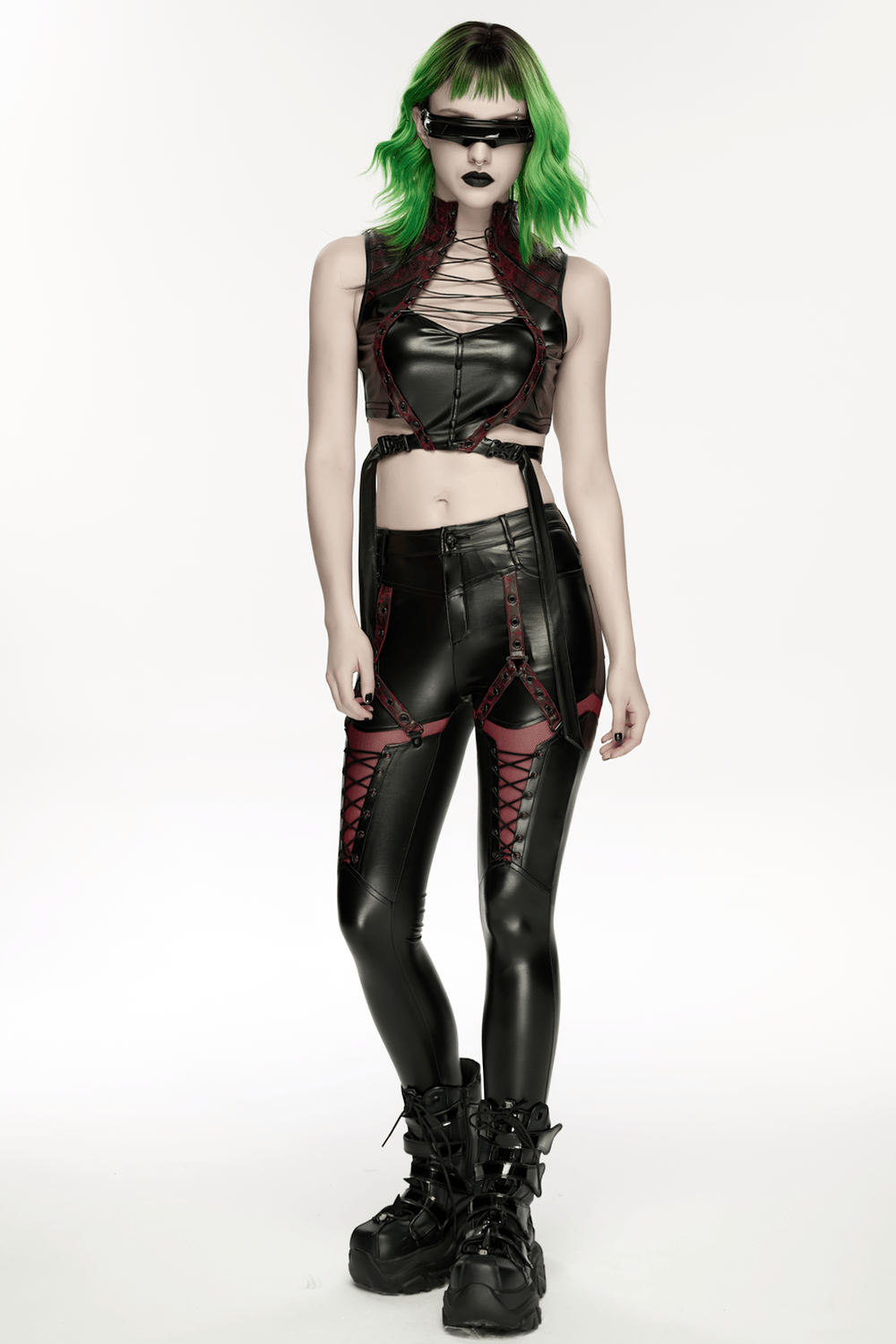 Alt Tag: Gothic Cyberpunk Lace Up Faux Leather Crop Top with adjustable buckle harness, high neck lace-up front, futuristic faux leather look