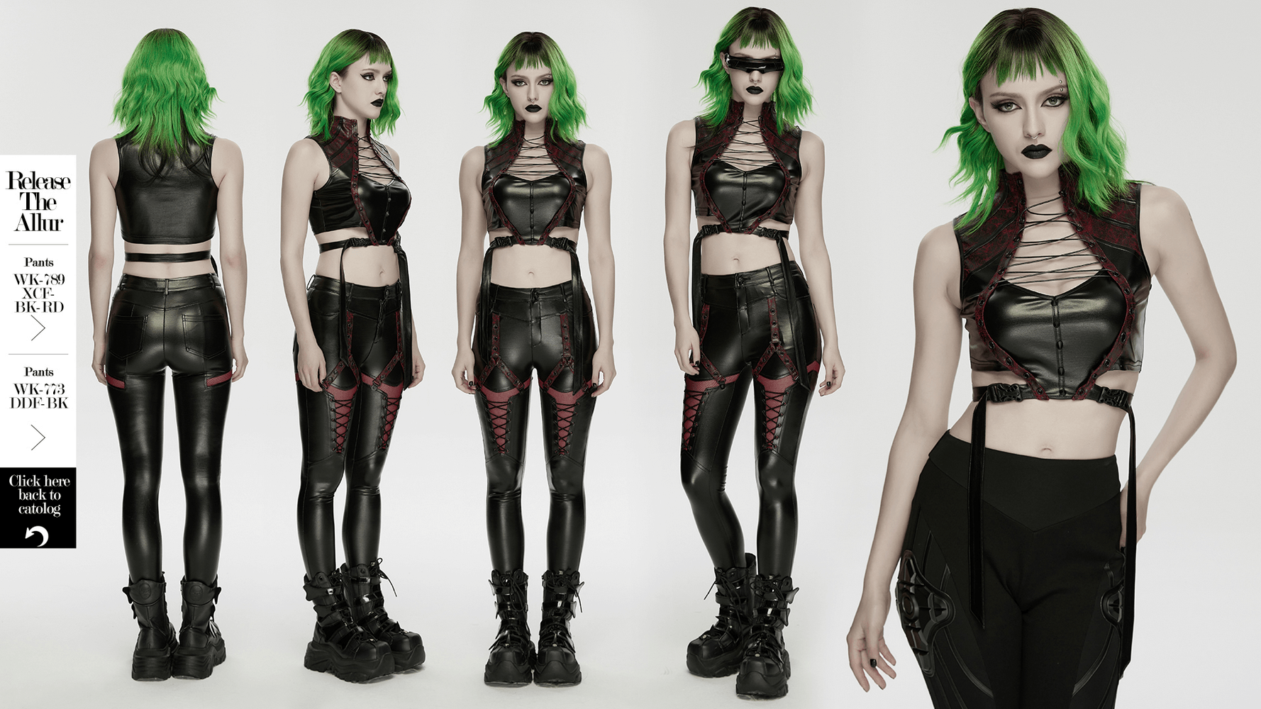 Gothic Cyberpunk Lace Up Faux Leather Crop Top on model, lace-up front, high neck, buckle harness, black faux leather with red accents