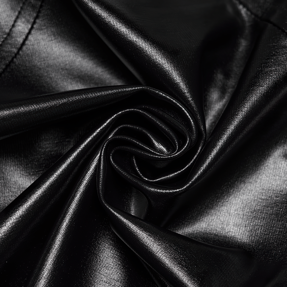 Alt Tag: Gothic Cyberpunk Lace Up Faux Leather Crop Top in glossy black faux leather fabric close-up, sleek futuristic texture