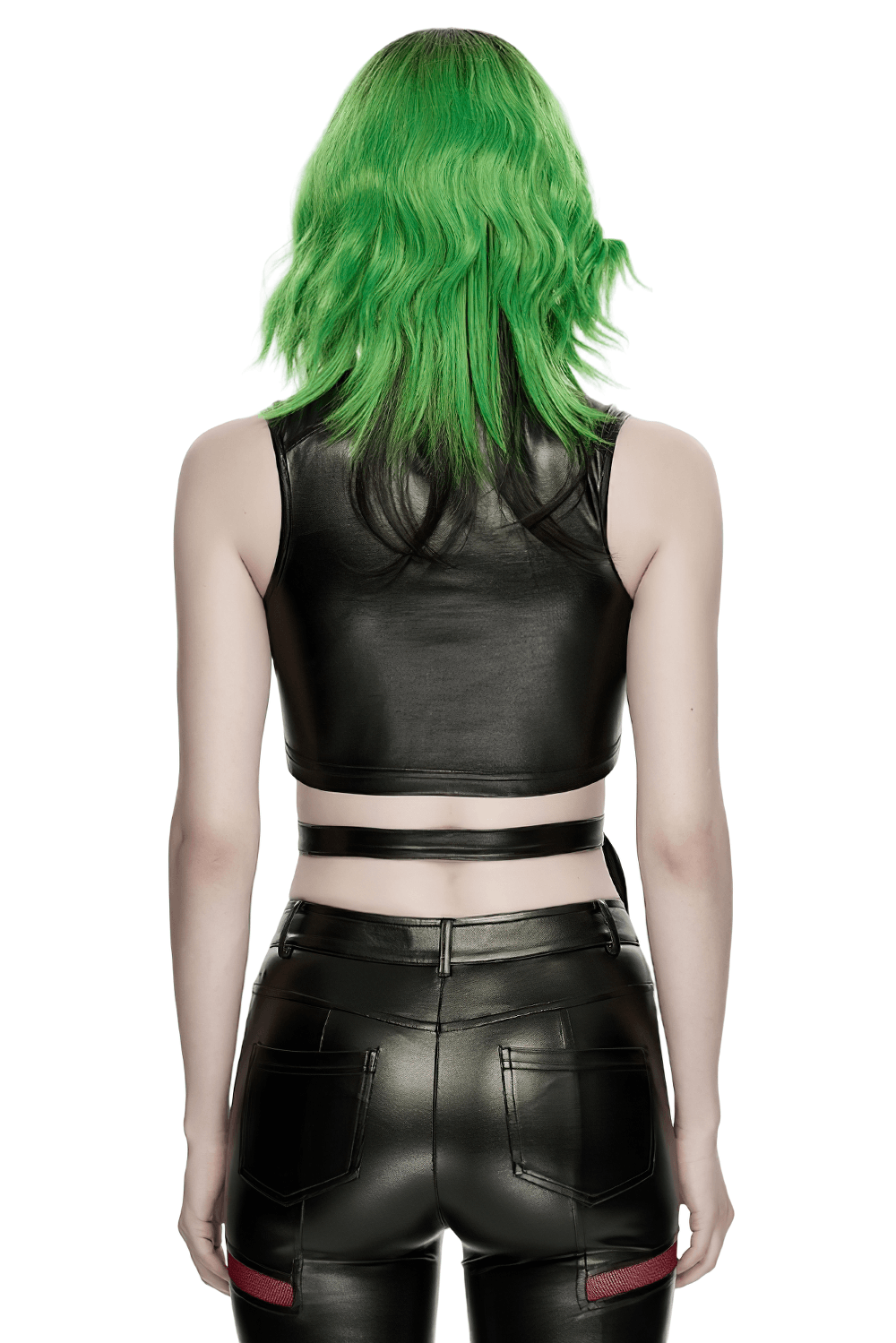 Alt Tag: Gothic Cyberpunk Lace Up Faux Leather Crop Top, back view with high neck and buckle harness over faux leather pants
