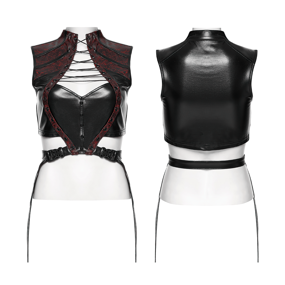 Alt Tag: Gothic Cyberpunk Lace Up Faux Leather Crop Top front and back view, high neck lace-up panel, adjustable waist buckle harness