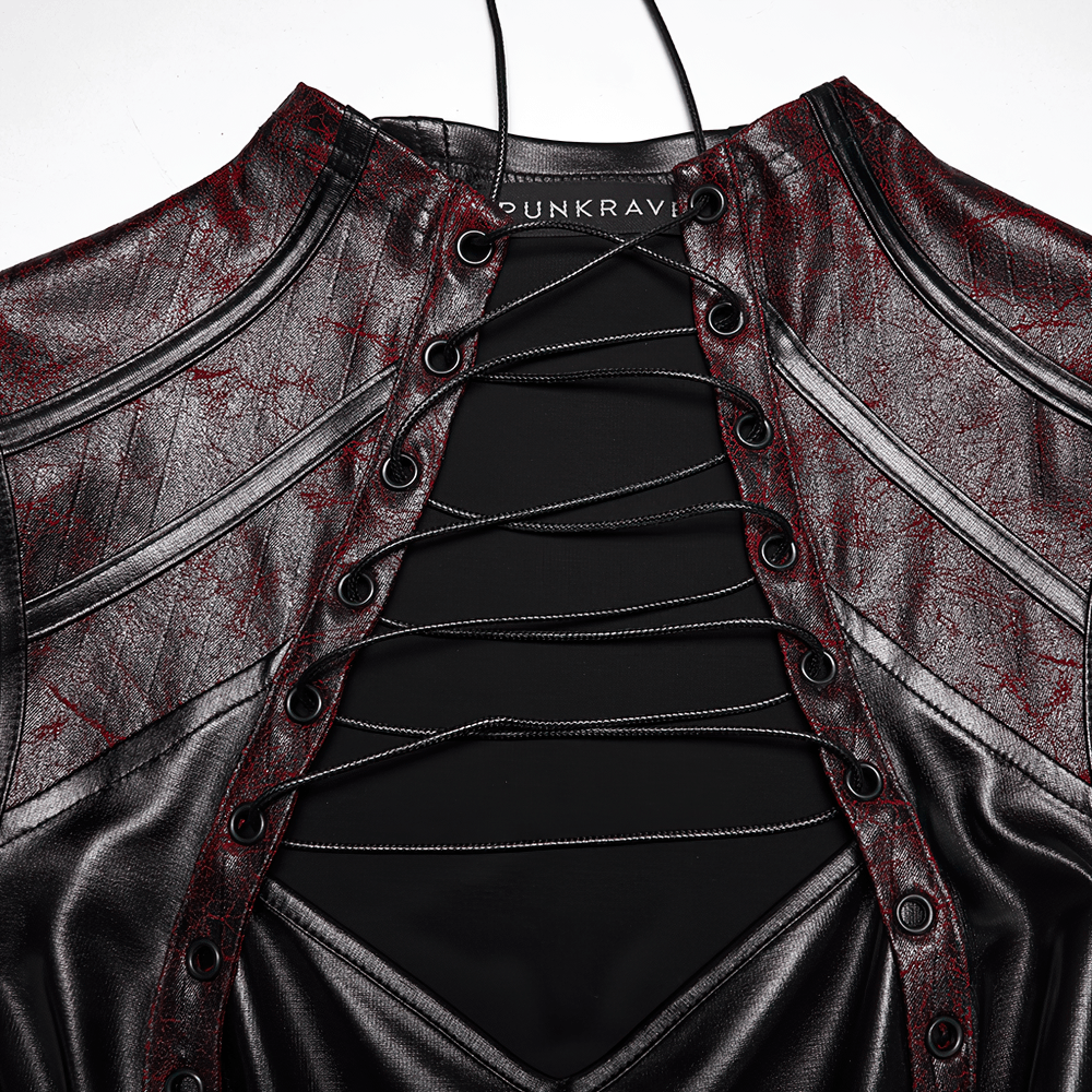 Alt Tag: Gothic Cyberpunk Lace Up Faux Leather Crop Top close-up, lace-up front, high neck, faux leather panels with red crackle texture