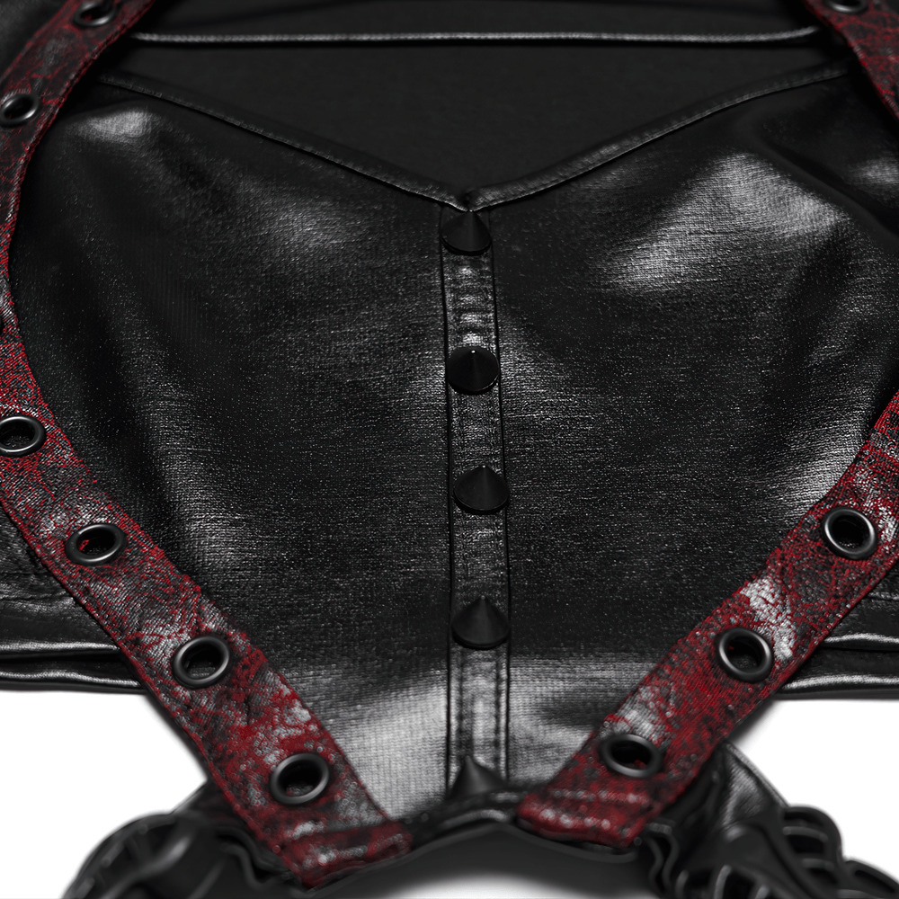 Alt Tag: Gothic Cyberpunk Lace Up Faux Leather Crop Top close-up, glossy faux leather panel with lace-up grommets and front snaps