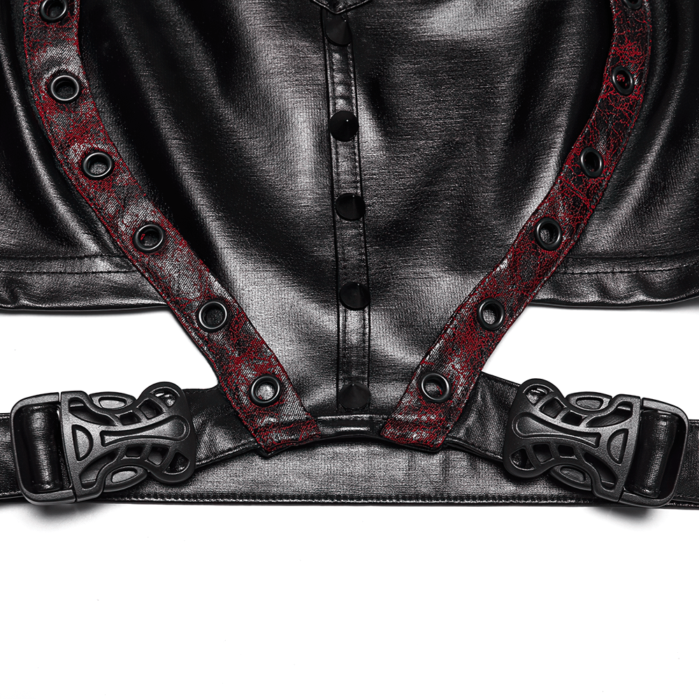 Alt Tag: Gothic Cyberpunk Lace Up Faux Leather Crop Top close-up of lace-up front, snap details, and adjustable buckle harness in black faux leather