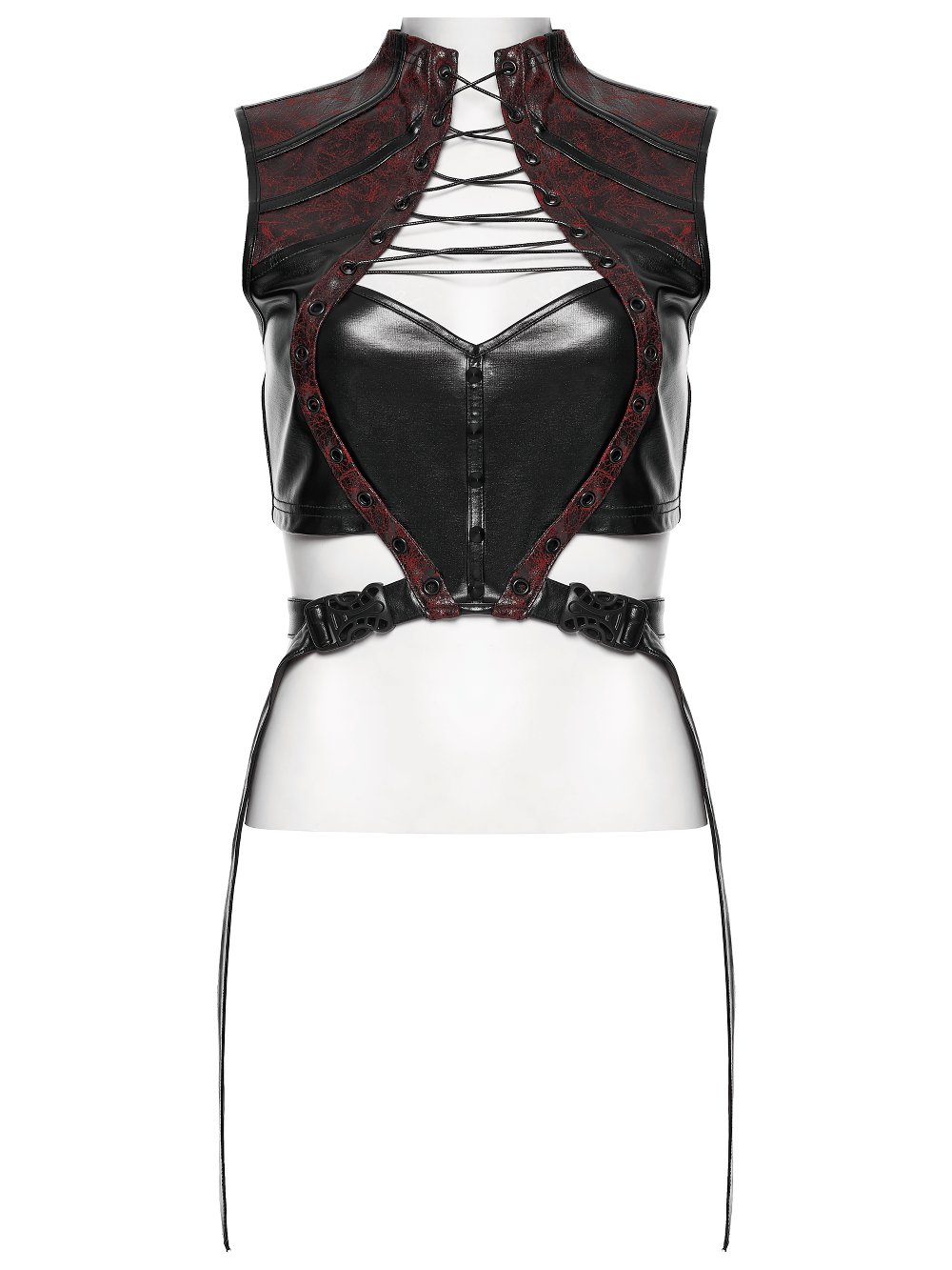 Alt Tag: Gothic Cyberpunk Lace Up Faux Leather Crop Top with high neck lace-up front and adjustable buckle harness, black faux leather
