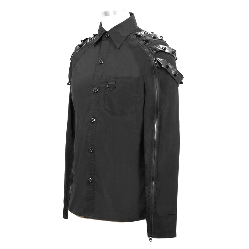 Gothic Cyberpunk Rivets Shirt / Black Shirt with Zip-through on Sleeves - HARD'N'HEAVY