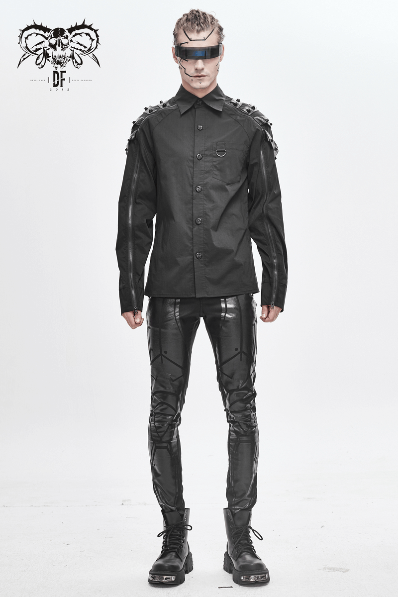 Gothic Cyberpunk Rivets Shirt / Black Shirt with Zip-through on Sleeves - HARD'N'HEAVY