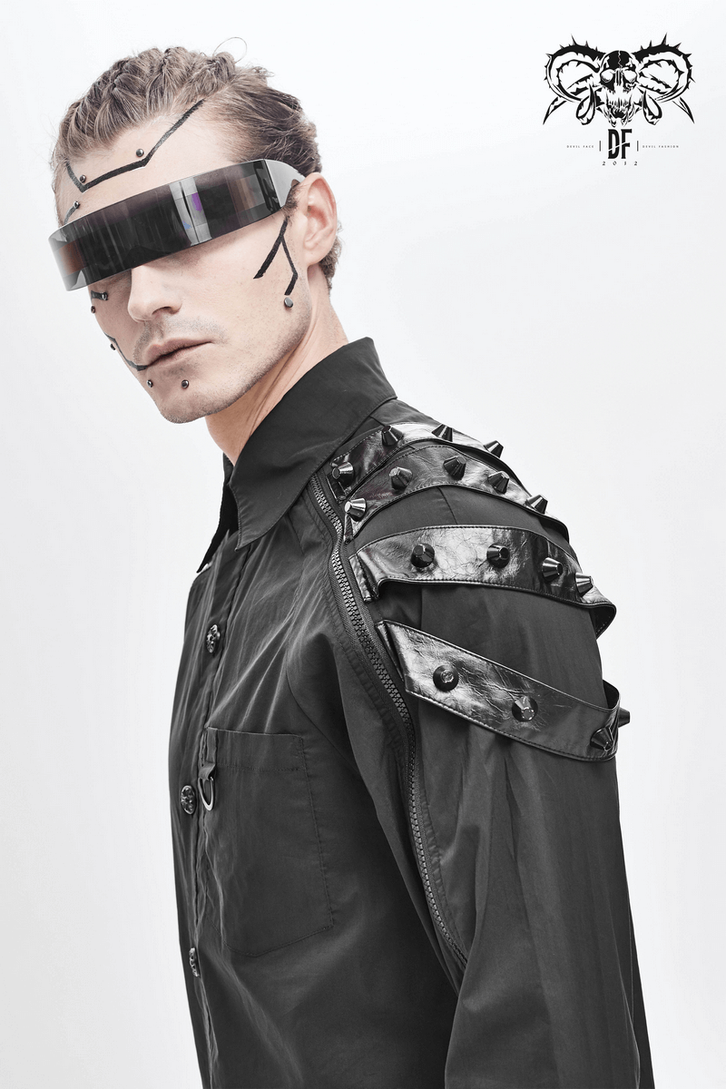 Gothic Cyberpunk Rivets Shirt / Black Shirt with Zip-through on Sleeves - HARD'N'HEAVY