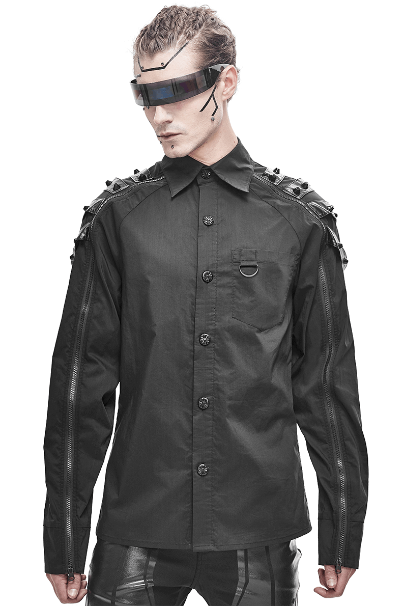 Gothic Cyberpunk Rivets Shirt / Black Shirt with Zip-through on Sleeves - HARD'N'HEAVY