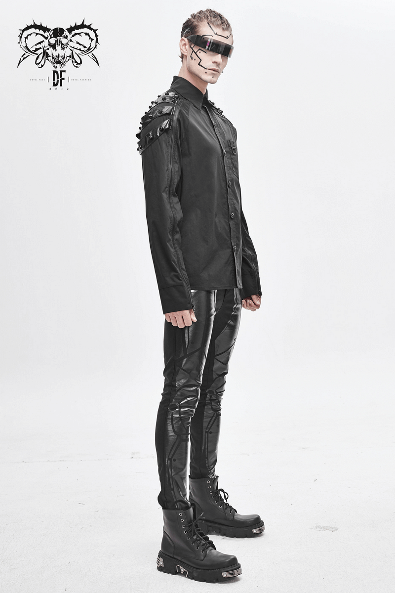 Gothic Cyberpunk Rivets Shirt / Black Shirt with Zip-through on Sleeves - HARD'N'HEAVY