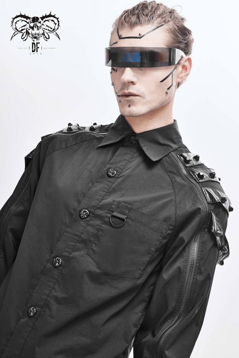 Gothic Cyberpunk Rivets Shirt / Black Shirt with Zip-through on Sleeves - HARD'N'HEAVY