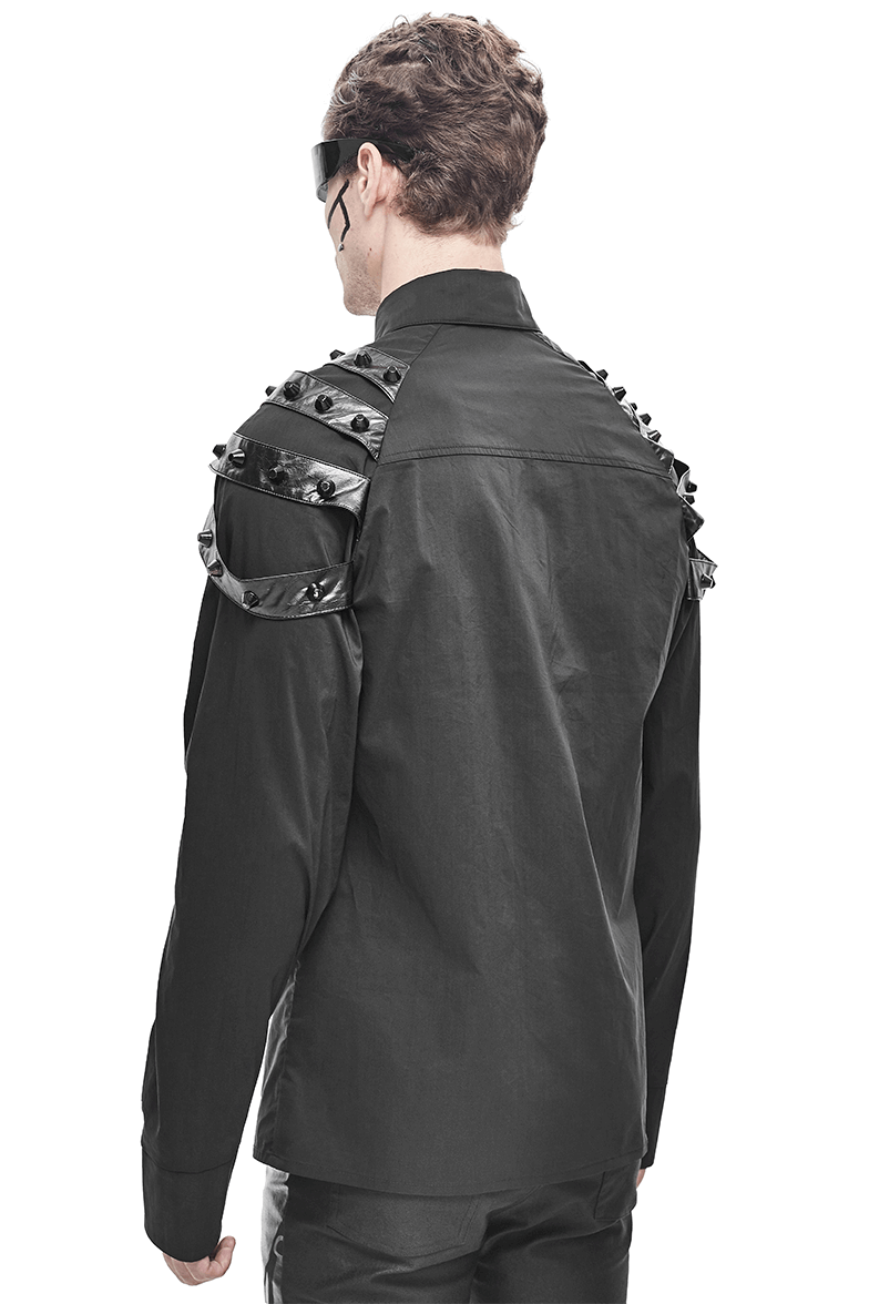 Gothic Cyberpunk Rivets Shirt / Black Shirt with Zip-through on Sleeves - HARD'N'HEAVY