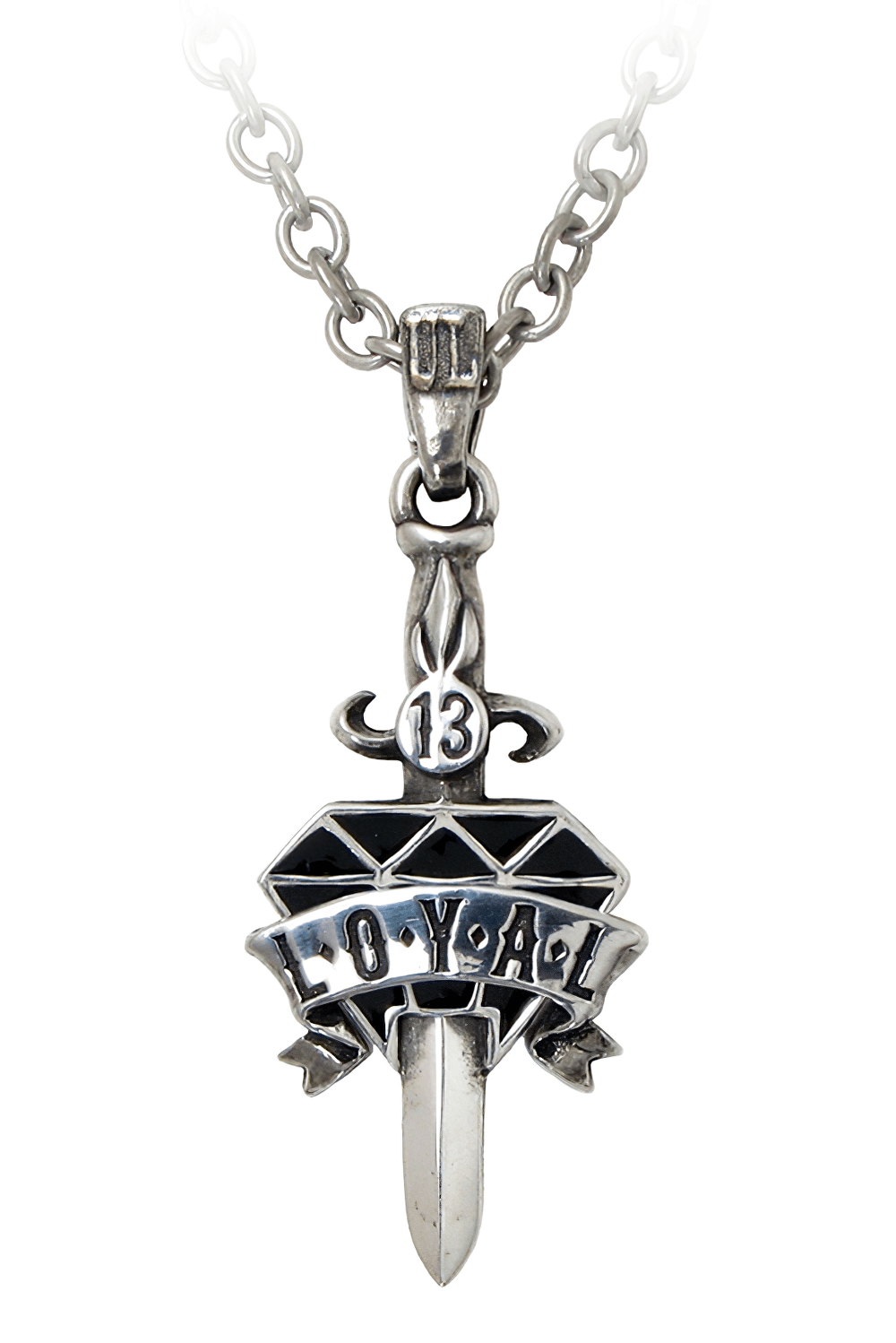 Gothic Dagger Necklace with Black Enamel Detail featuring a diamond and dagger design engraving 'Loyal'.