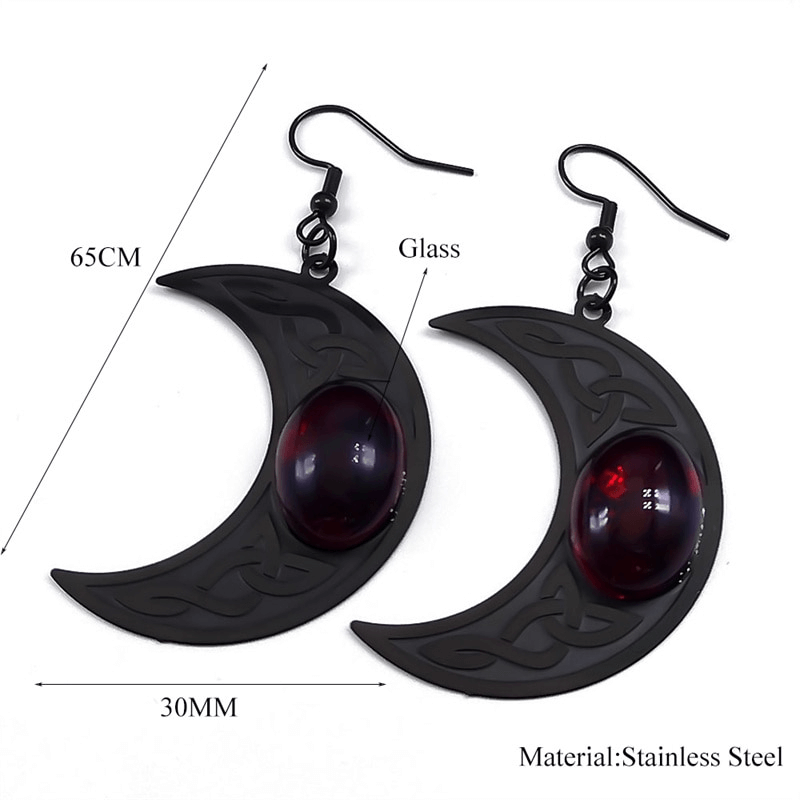 Gothic dark Celtic stainless steel earrings with red glass stone, 65CM long and 30MM wide crescent design.