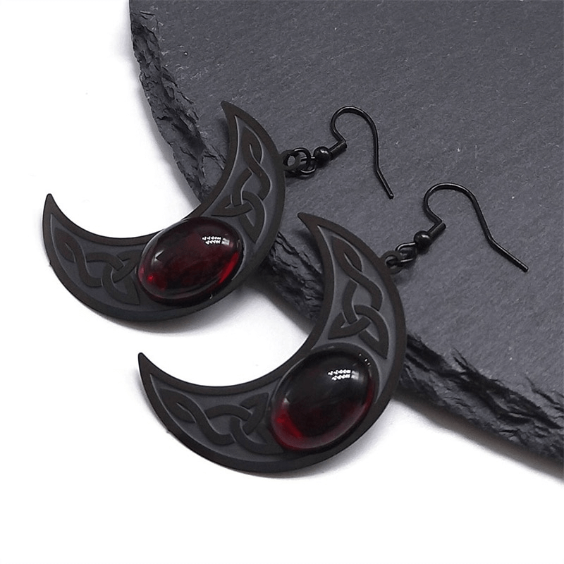 Gothic Dark Celtic Earring for Women / Stainless Steel Crescent Form Earrings with Red Stone - HARD'N'HEAVY