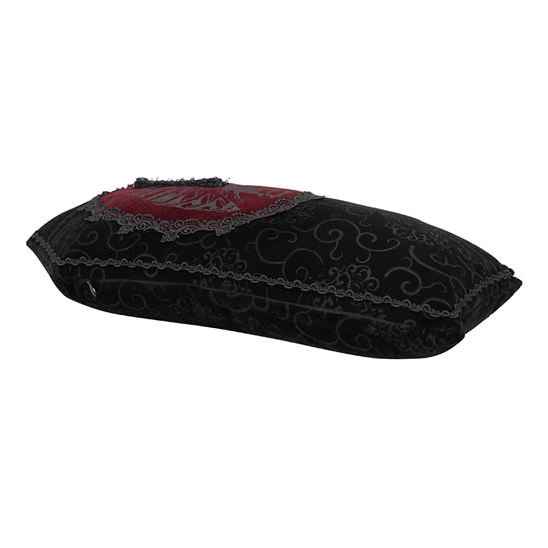 Elegant gothic coffin-shaped pillow with T-lace trim and ornate design, perfect for unique home decor.