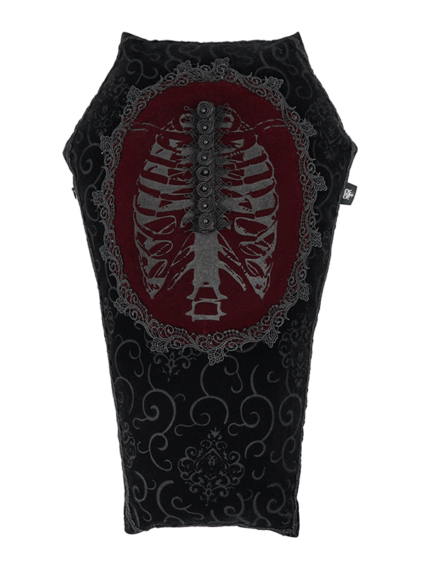 Gothic coffin-shaped black cushion featuring a ribcage design and elegant lace trim, perfect for unique home decor.